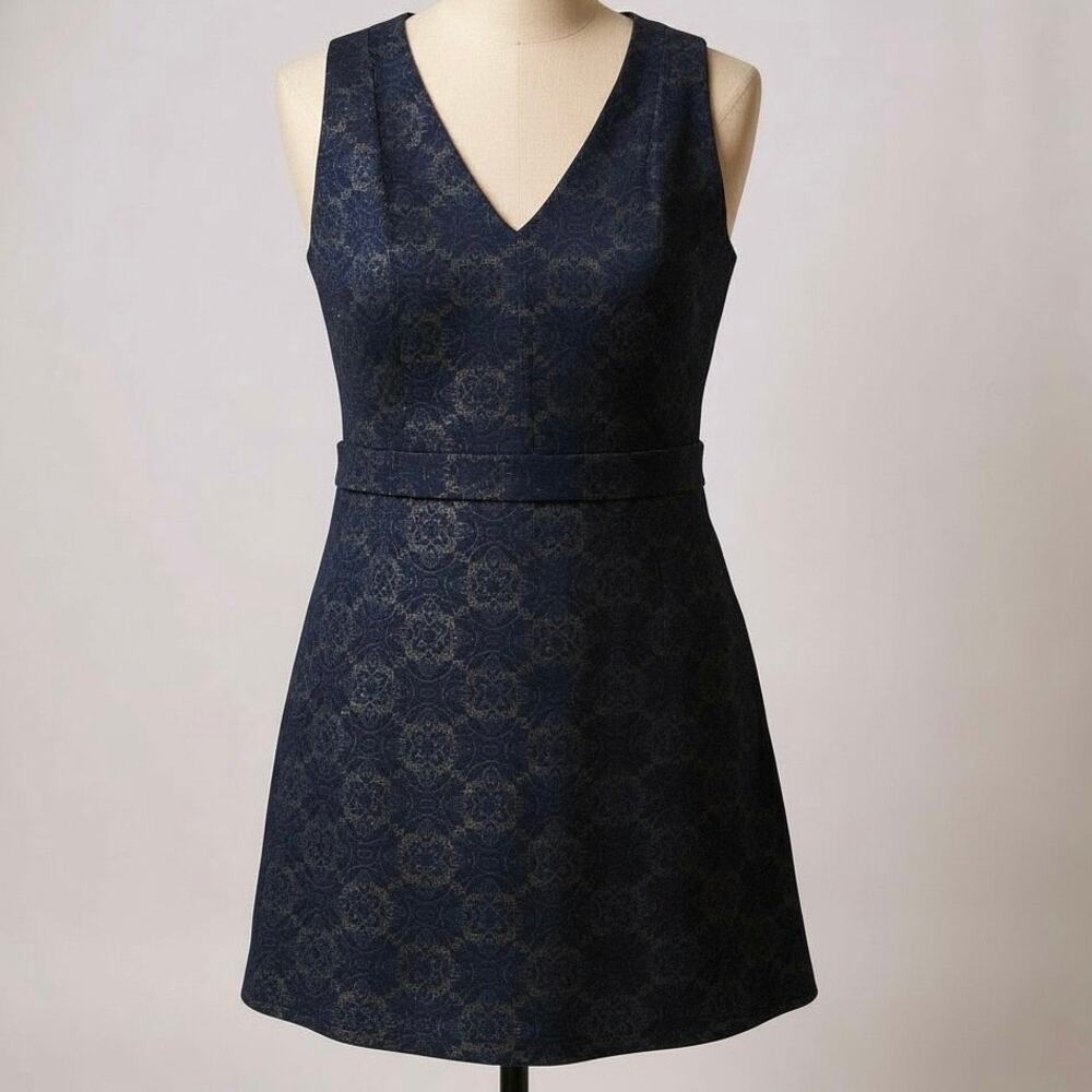 NWT Michael Kors Navy Gold Brocade Sleeveless V-Neck Dress Size Small